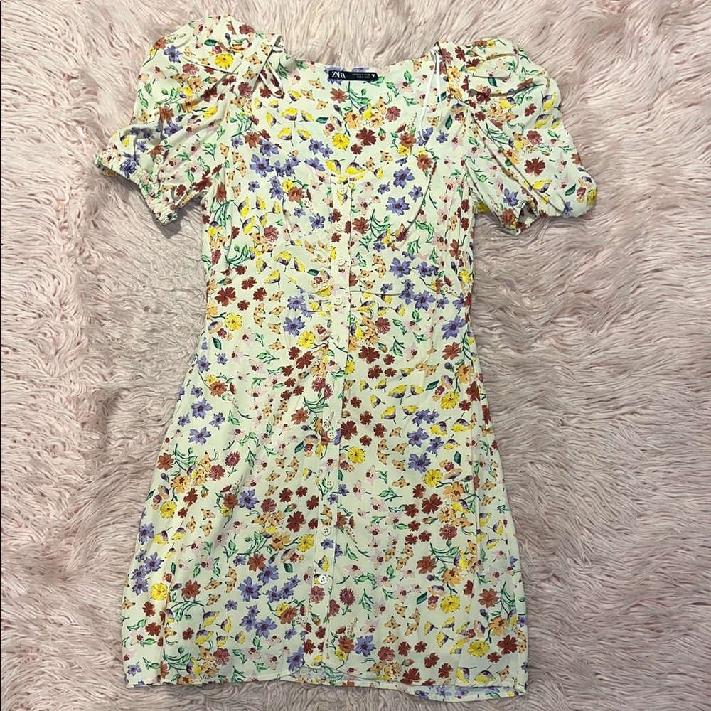 🌼 ZARA Floral Puff Sleeve Button-Front Mini Dress 🌼 size S